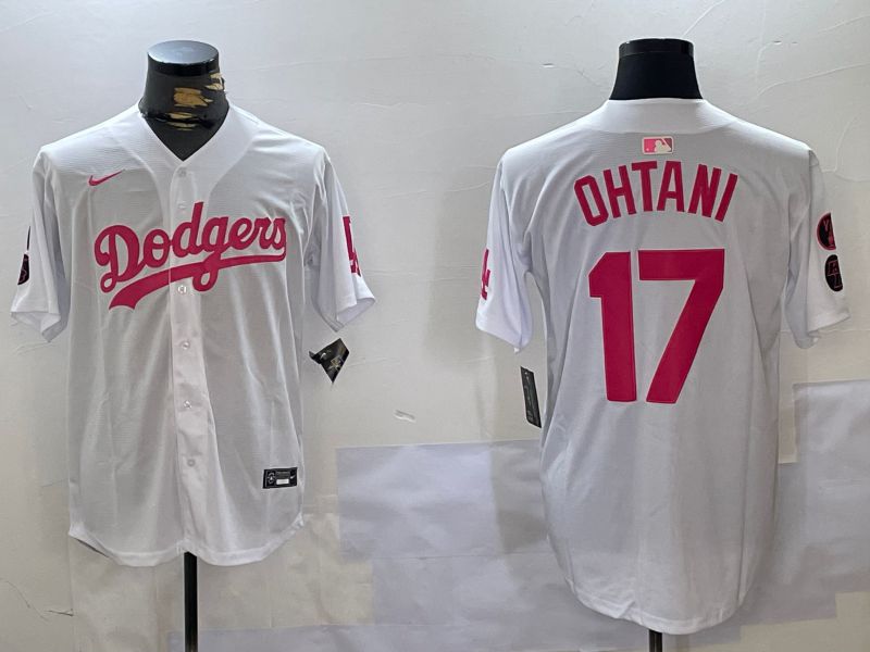 Men Los Angeles Dodgers #17 Ohtani White pink joint name 2024 Nike MLB Jersey style 10279